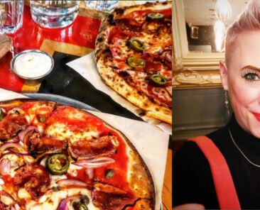 Pizza and Beer with blond woman holding dark pint of ale