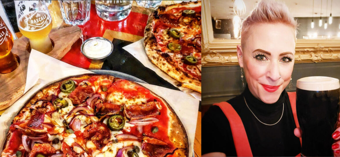 Pizza and Beer with blond woman holding dark pint of ale