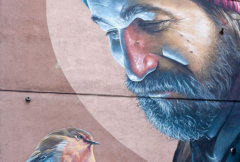 large scale mural of man with bird on the side of a building