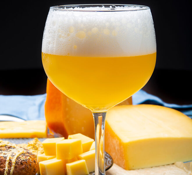 beer in proper glassware next to cheese in classic Holland cafe