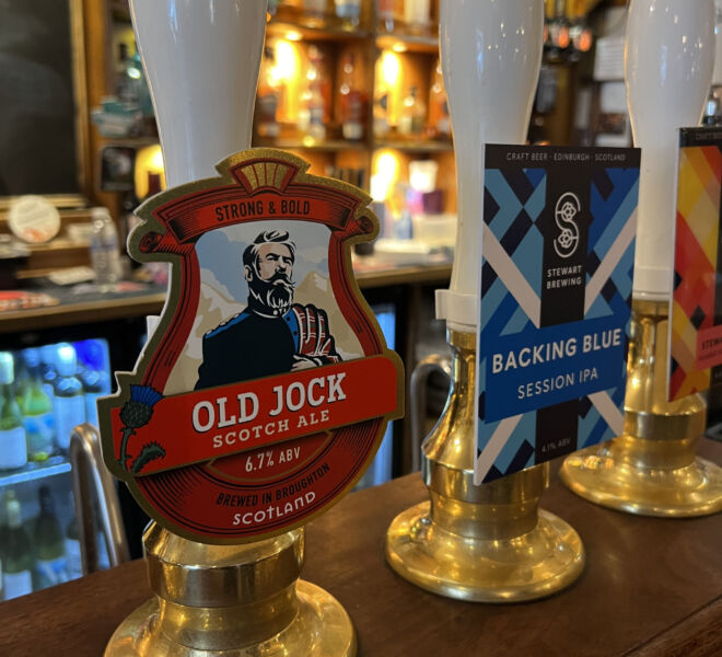 Old Joch cask ale tap handle at pub in Scotland