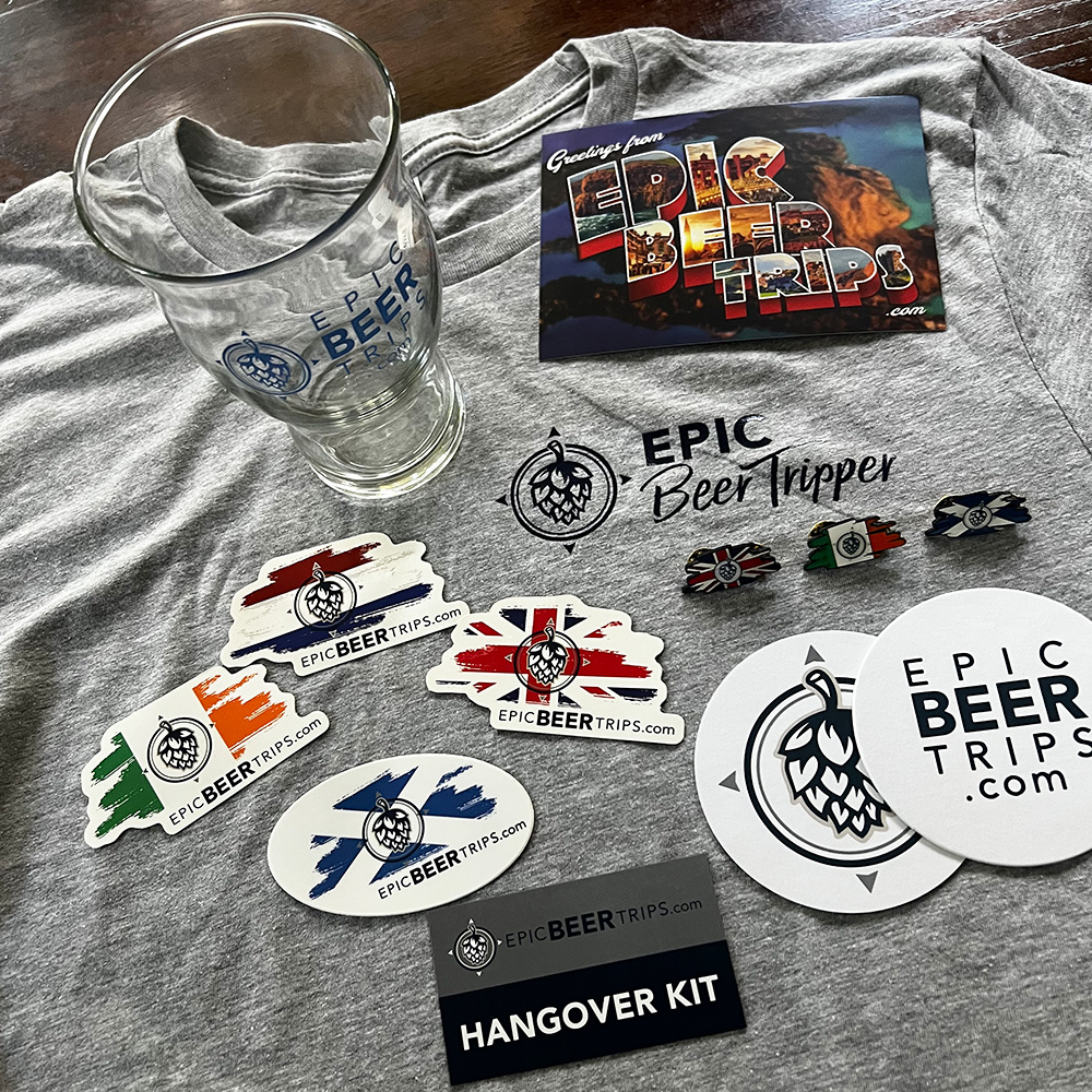 rewards swag including shirt, pint, stickers, and more